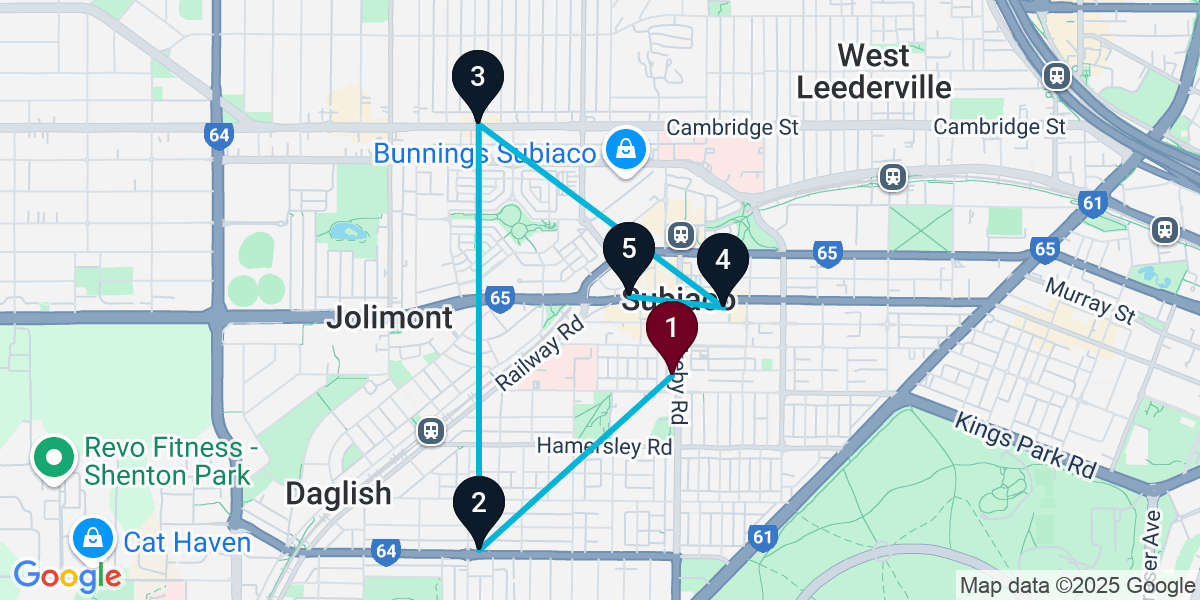 Map for 5-Stop Subiaco Cocktail Bar Crawl