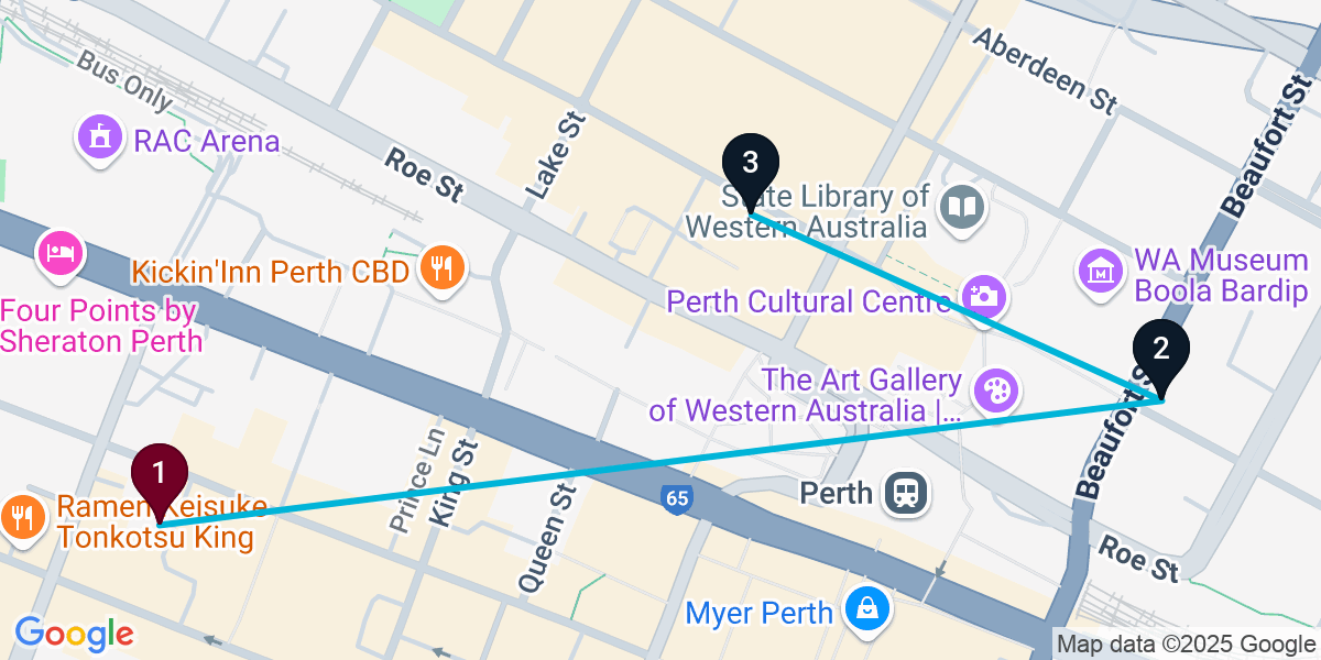 Map for 3-Stop Perth Nightclub Bar Crawl