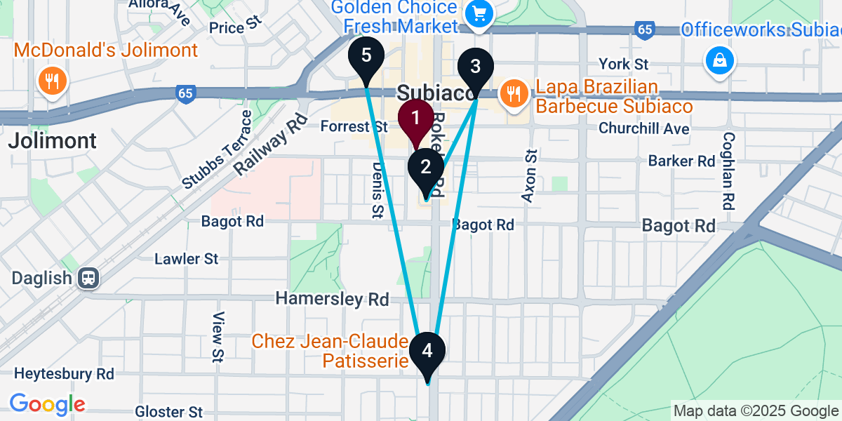Map for 5-Stop Subiaco Bar Crawl
