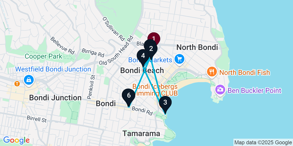 Map for 7-Stop Bondi Beach Bar Crawl