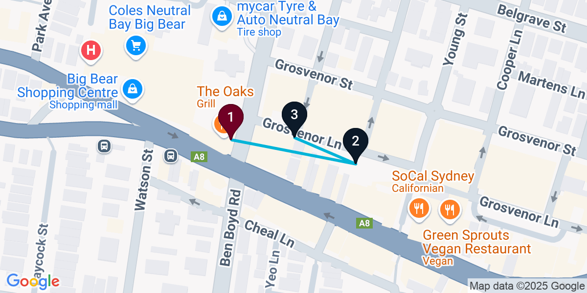 Map for 3-Stop Neutral Bay Bar Crawl