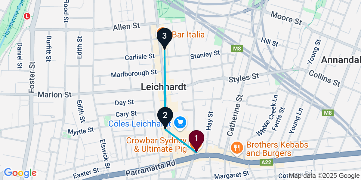 Map for 3-Stop Leichhardt Bar Crawl