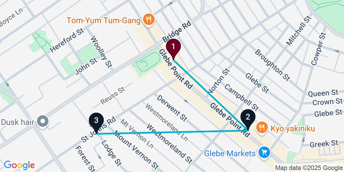 Map for 3-Stop Glebe Bar Crawl