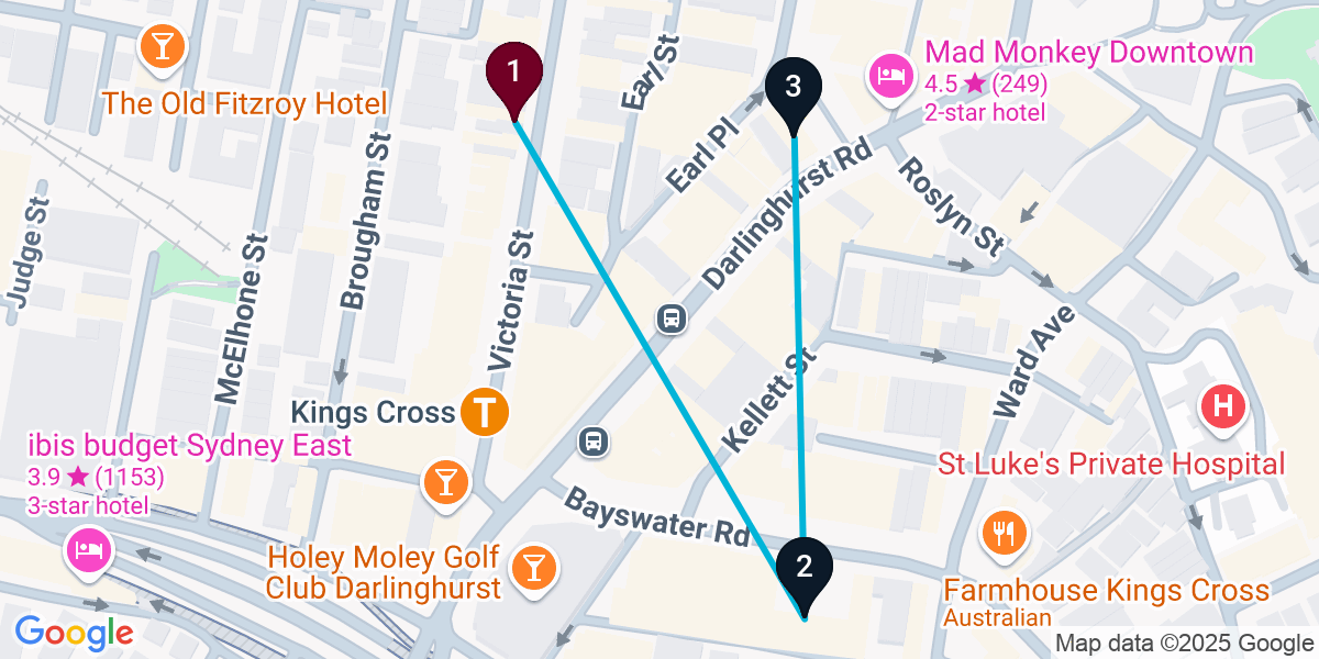 Map for 3-Stop Potts Point Rooftop Bar Crawl