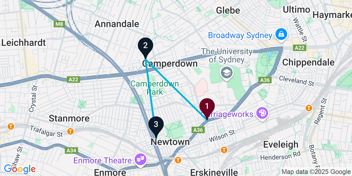 Map for 3-Stop Newtown Speakeasy Bar Crawl