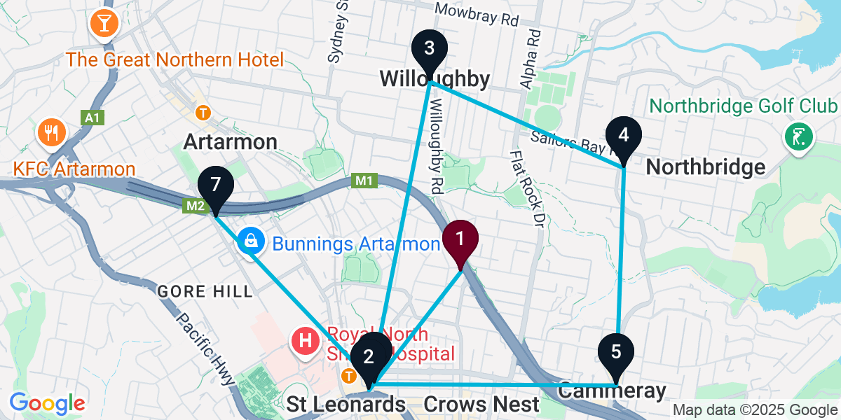 Map for 7-Stop Naremburn Pub Bar Crawl