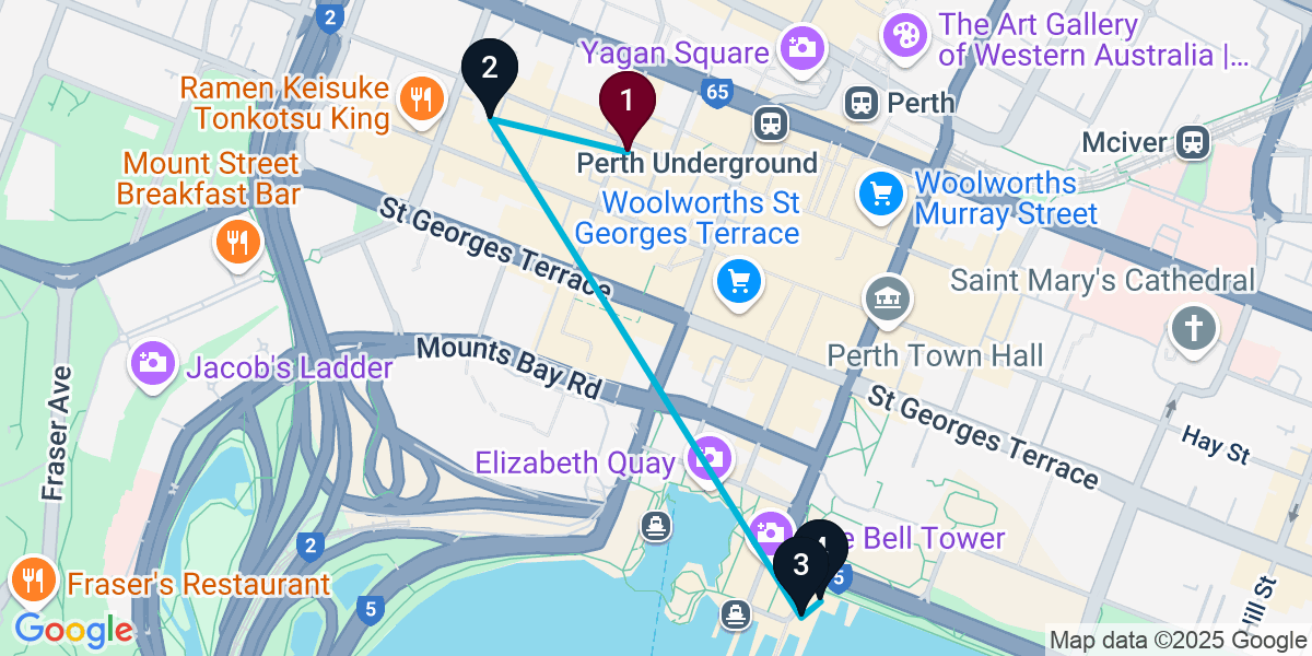Map for 4-Stop Perth Rooftop Bar Crawl