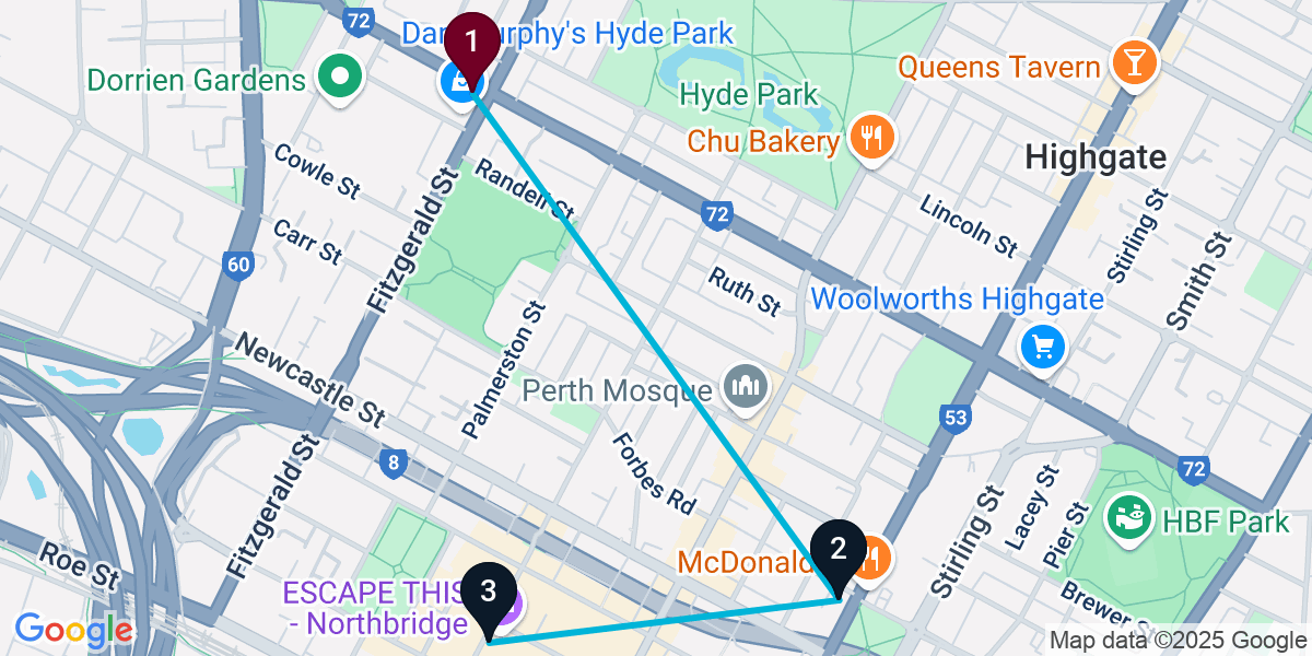 Map for 3-Stop West Perth Cocktail Bar Crawl