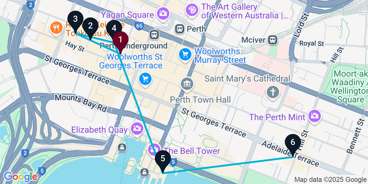 Map for 6-Stop Perth Pub Bar Crawl