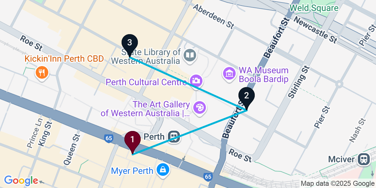 Map for 3-Stop Perth Nightclub Bar Crawl