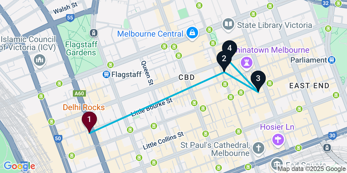 Map for 4-Stop Melbourne Cocktail Bar Crawl