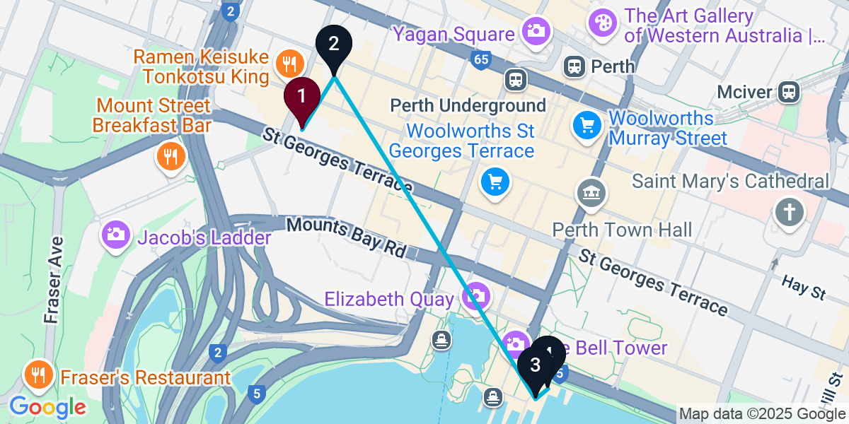 Map for 4-Stop Perth Rooftop Bar Crawl
