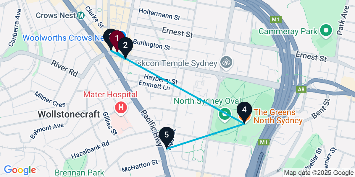 Map for 5-Stop Crows Nest Pub Bar Crawl