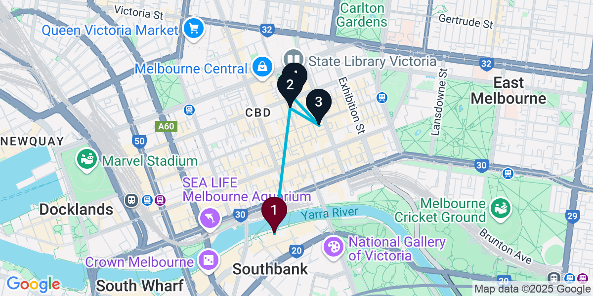 Map for 4-Stop Melbourne Cocktail Bar Crawl