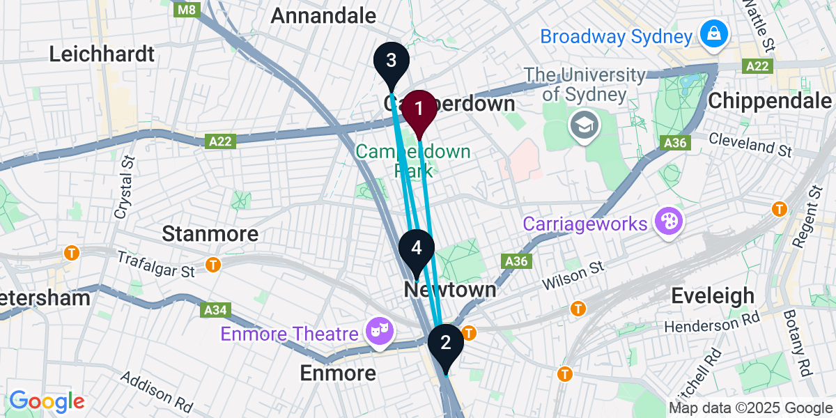 Map for 4-Stop Camperdown Speakeasy Bar Crawl