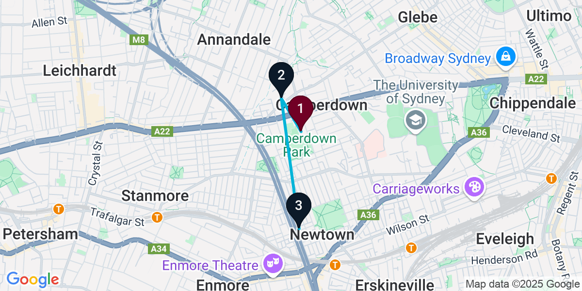 Map for 3-Stop Camperdown Speakeasy Bar Crawl