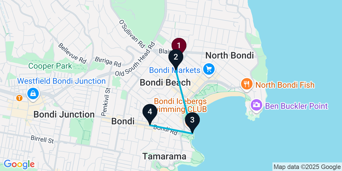 Map for 4-Stop Bondi Beach Cocktail Bar Crawl