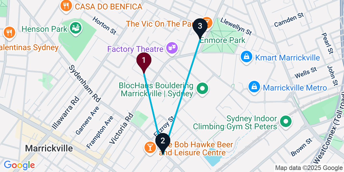 Map for 3-Stop Marrickville Brewery Bar Crawl