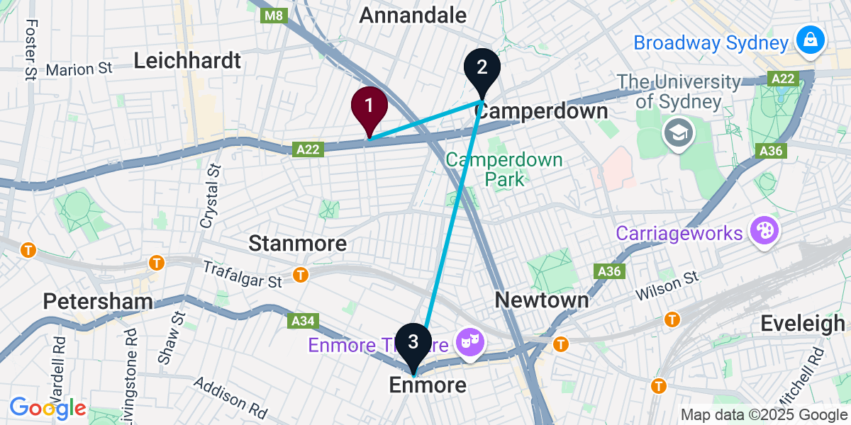 Map for 3-Stop Annandale Rooftop Bar Crawl