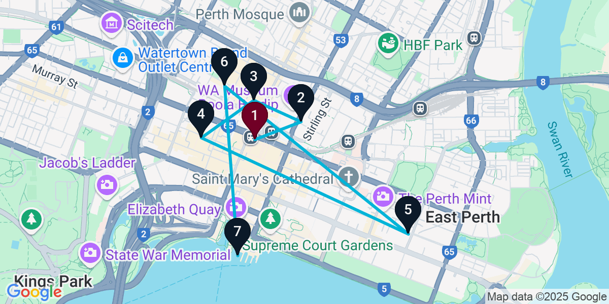 Map for 7-Stop Perth Nightclub Bar Crawl