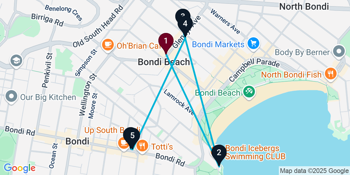 Map for 6-Stop Bondi Beach Cocktail Bar Crawl