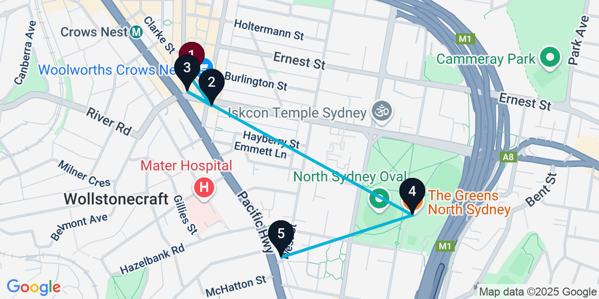 Map for 5-Stop Crows Nest Pub Bar Crawl