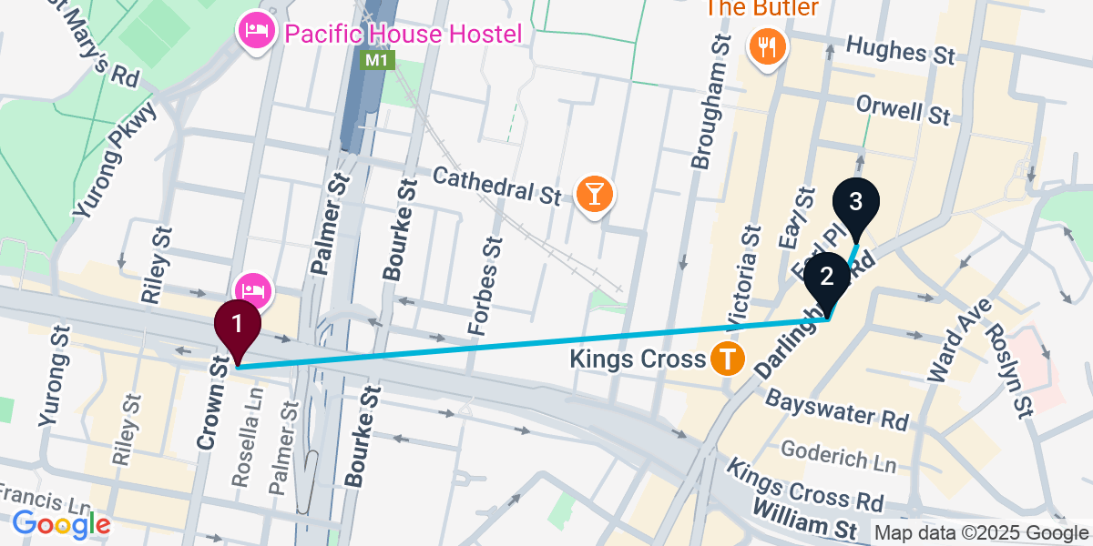 Map for 3-Stop Darlinghurst Nightclub Bar Crawl