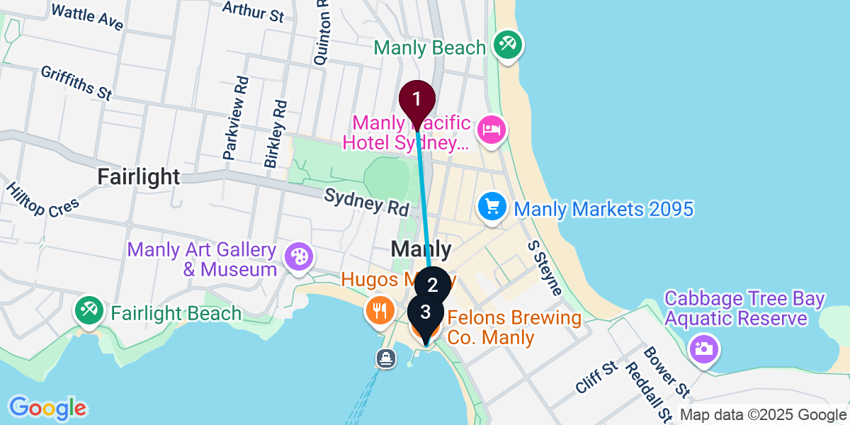 Map for 3-Stop Manly Brewery Bar Crawl