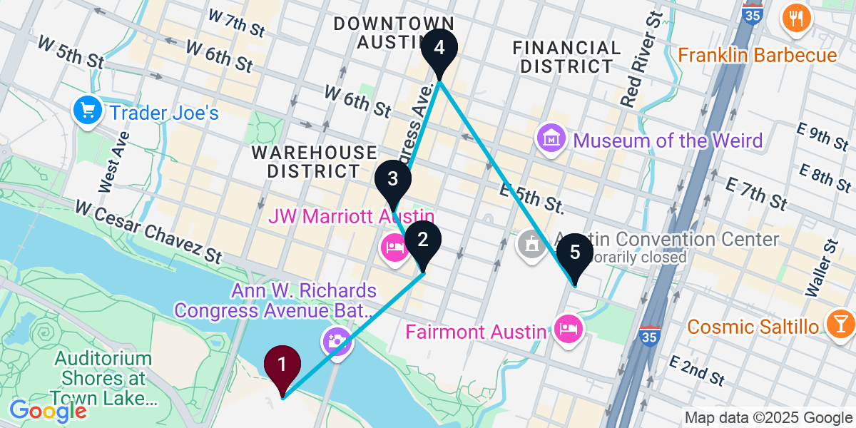 Map for 5-Stop Austin Cocktail Bar Crawl