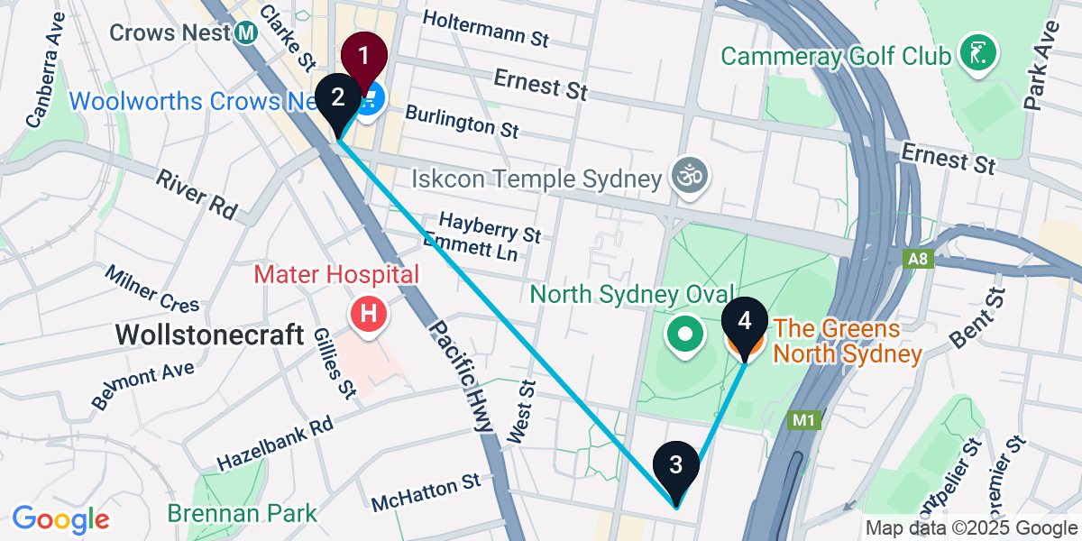 Map for 4-Stop Crows Nest Cocktail Bar Crawl