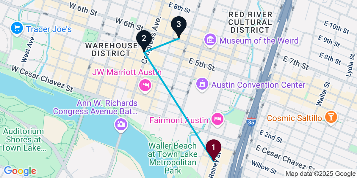 Map for 3-Stop Austin Live music Bar Crawl