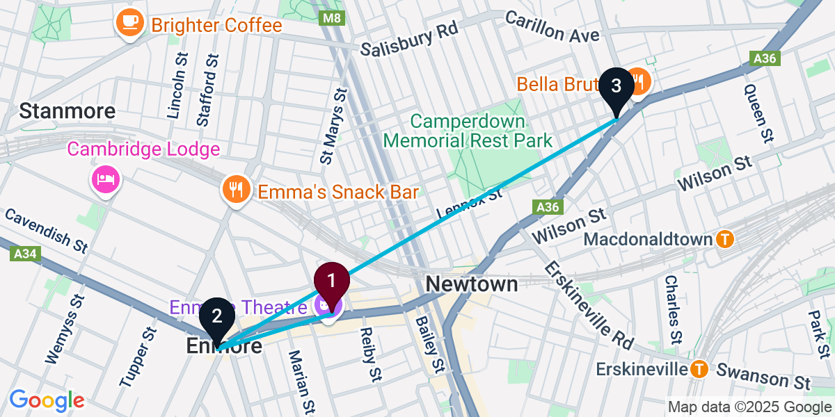 Map for 3-Stop Newtown Rooftop Bar Crawl
