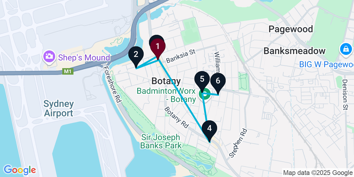 Map for 6-Stop Botany Bar Crawl