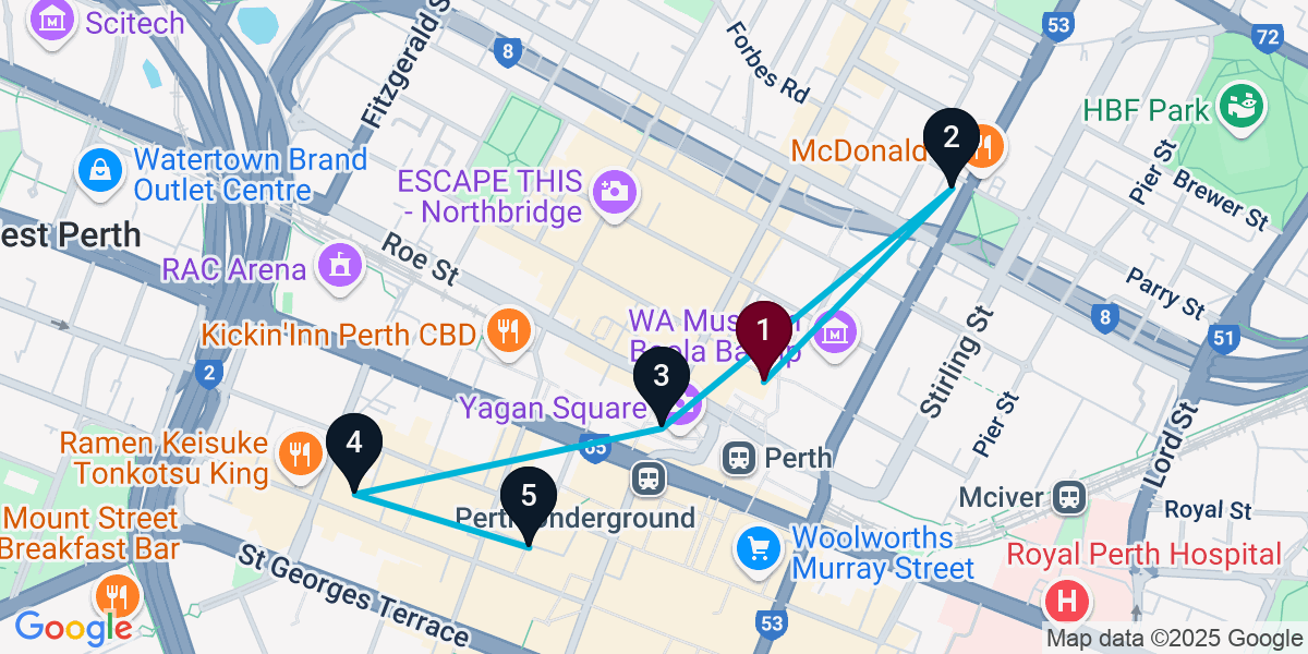 Map for 5-Stop Northbridge Bar Crawl