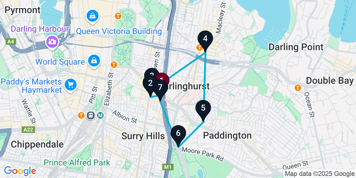 Map for 7-Stop Darlinghurst Live music Bar Crawl