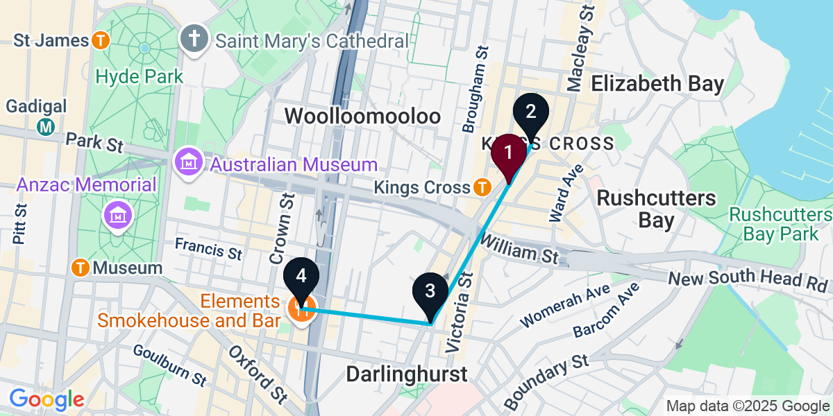 Map for 4-Stop Potts Point Rooftop Bar Crawl