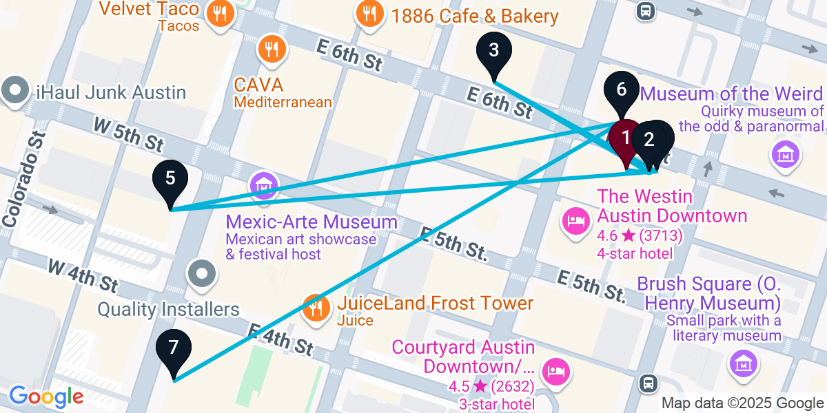 Map for 7-Stop Austin Live music Bar Crawl