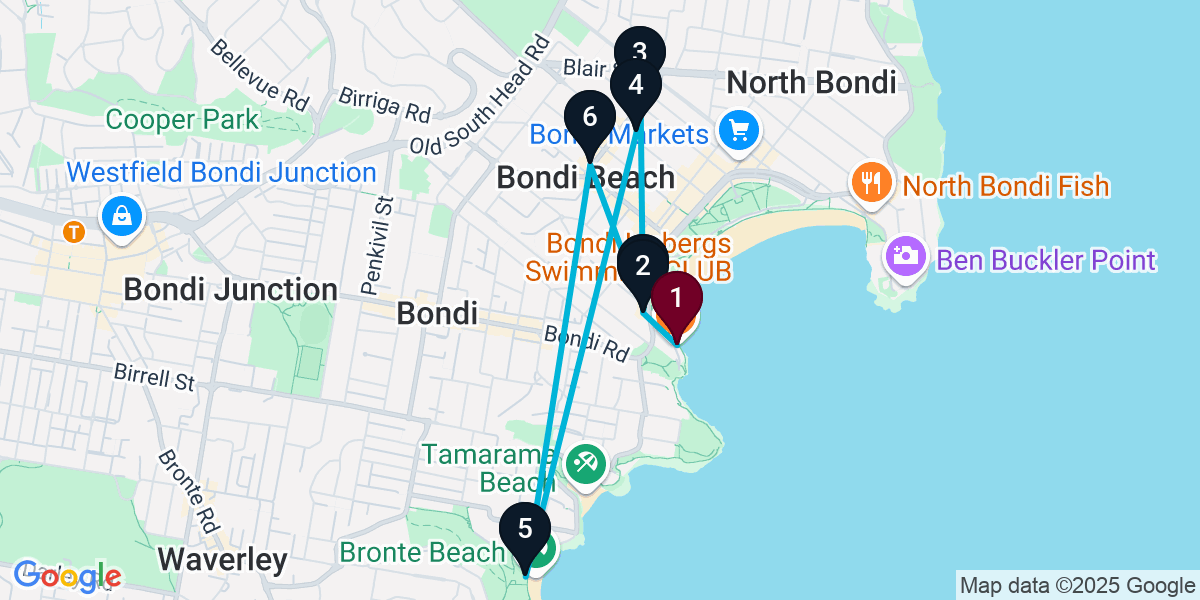 Map for 7-Stop Bondi Beach Beach bar Bar Crawl