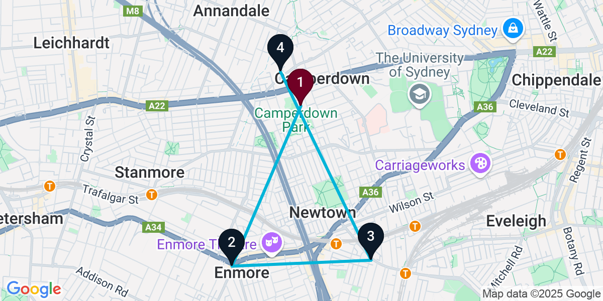 Map for 4-Stop Camperdown Rooftop Bar Crawl
