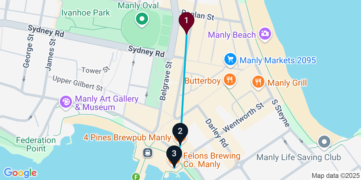 Map for 3-Stop Manly Brewery Bar Crawl