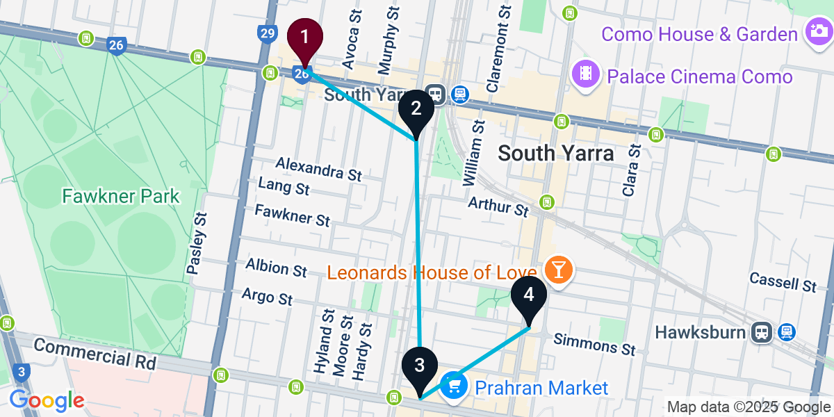 Map for Curated South Yarra Cocktail Bar Crawl