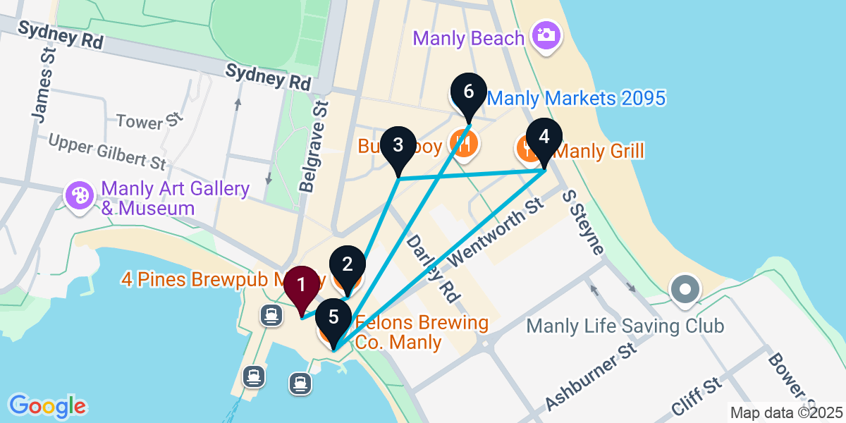 Map for 6-Stop Manly Pub Bar Crawl
