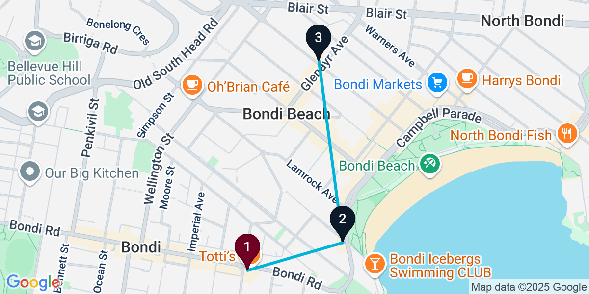 Map for 3-Stop Bondi Wine bar Bar Crawl