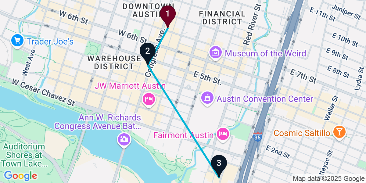Map for 3-Stop Austin Rooftop Bar Crawl