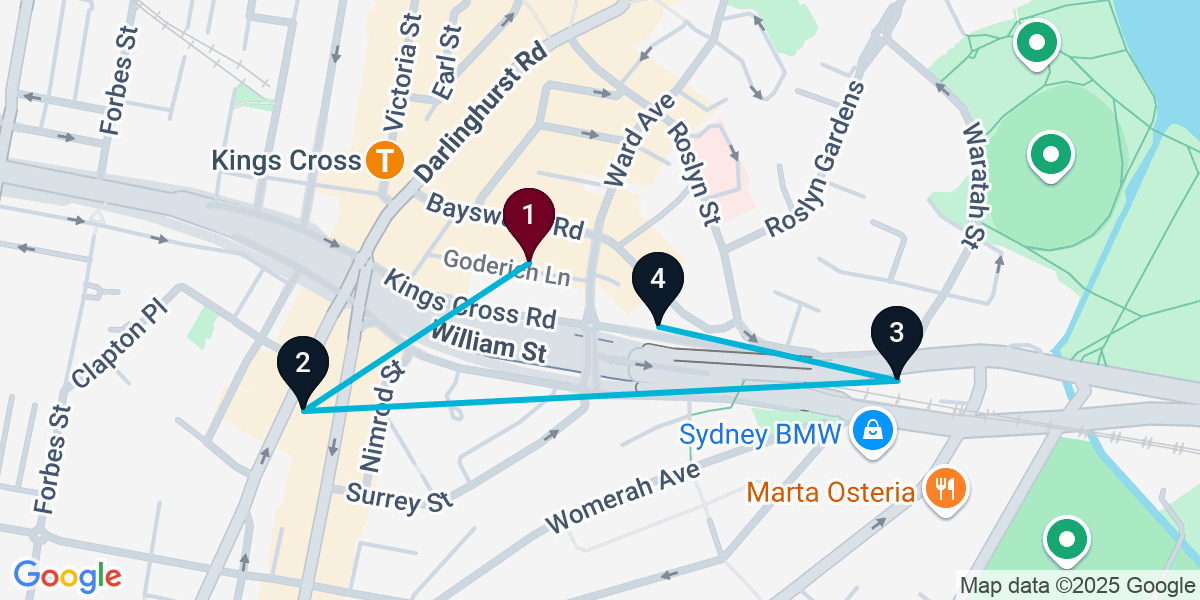 Map for 4-Stop Potts Point Wine bar Bar Crawl
