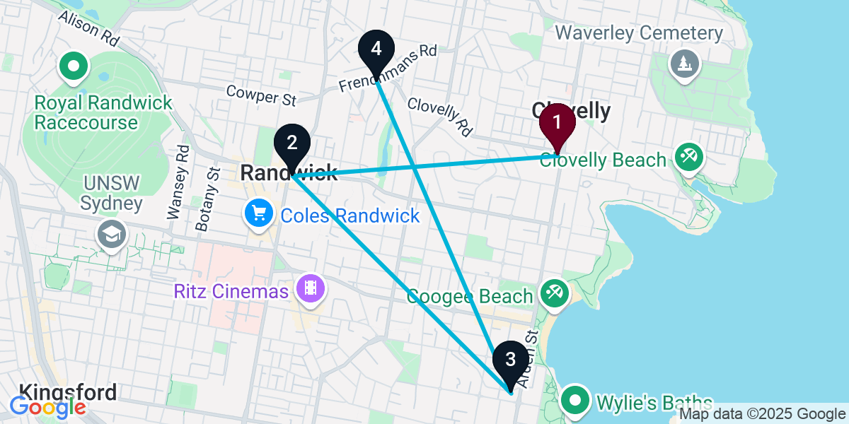 Map for 4-Stop Coogee Pub Bar Crawl