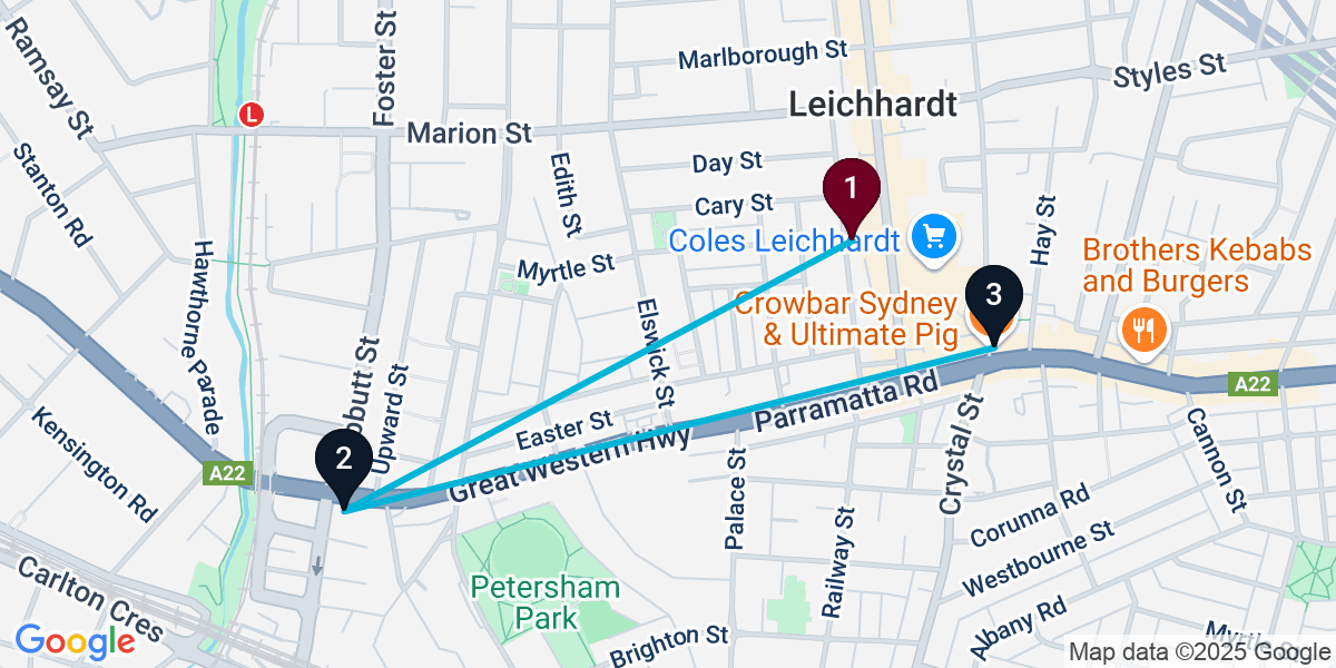 Map for 3-Stop Leichhardt Pub Bar Crawl