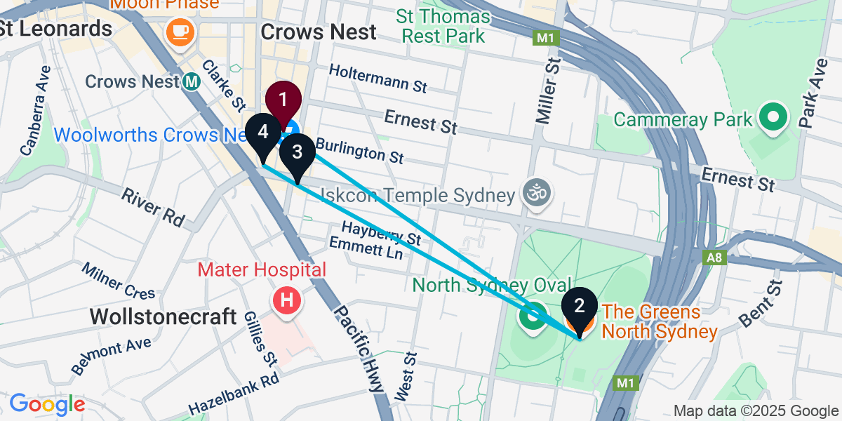 Map for 4-Stop Crows Nest Pub Bar Crawl
