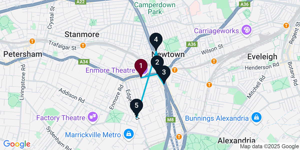 Map for 5-Stop Newtown Cocktail Bar Crawl