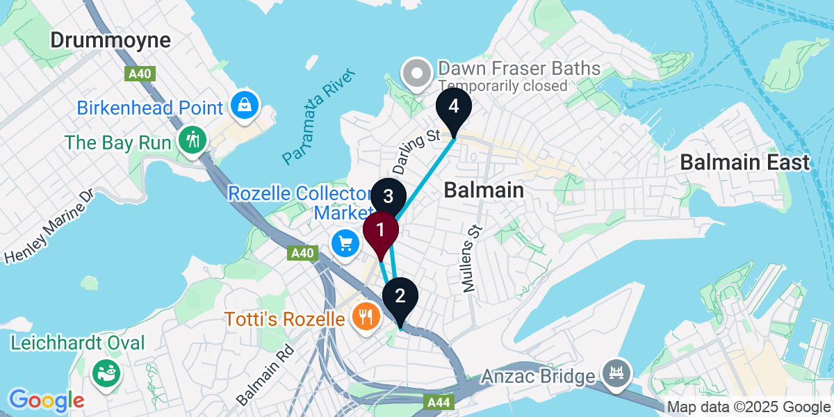 Map for 4-Stop Rozelle Bar Crawl